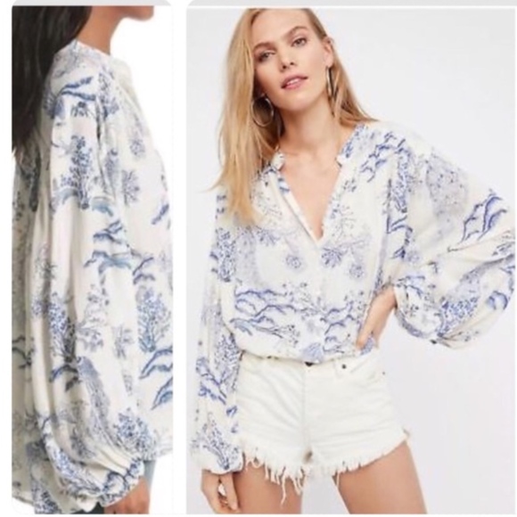 Free People Tops - Free People~Cream Peacock Blooms~Flowy Tunic~Med.